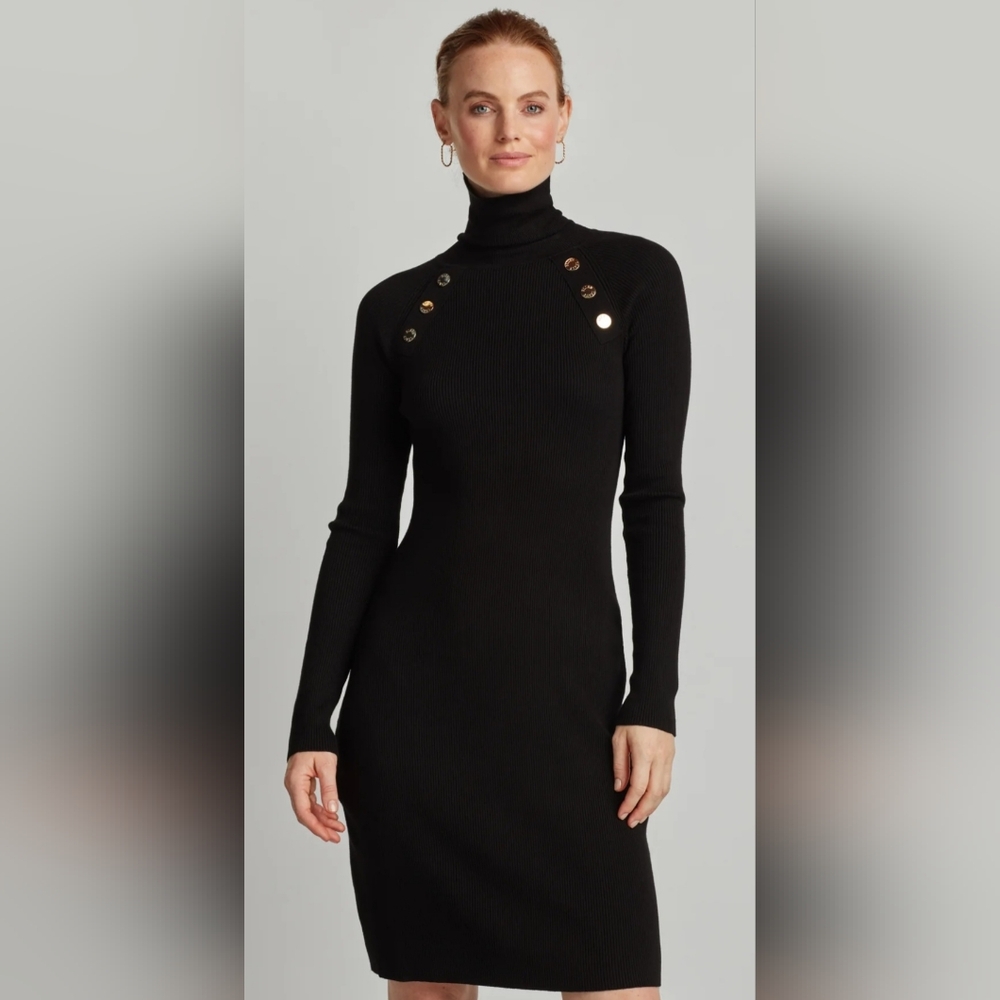 Ellen Tracy Rib Knit Turtleneck Contour Dress Sz XL Black